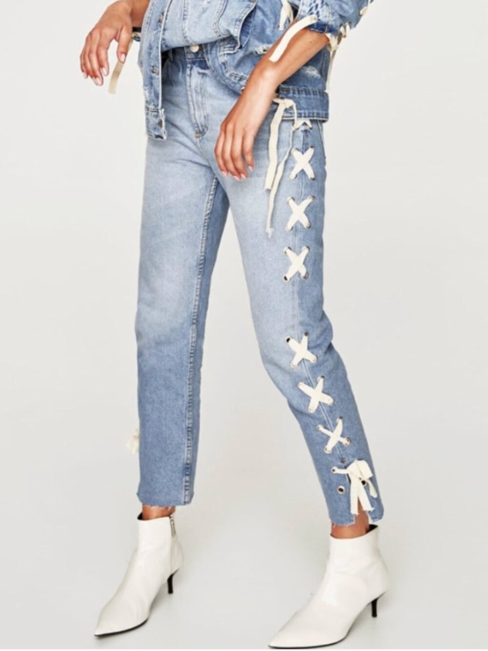 Zara | Lace Up Straight Leg Jeans Light Wash	Blue Denim | Size 2
